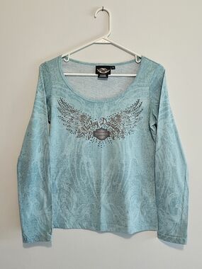 Harley-Davidson Women's Long Sleeve Scoop Neck Top in Light Teal